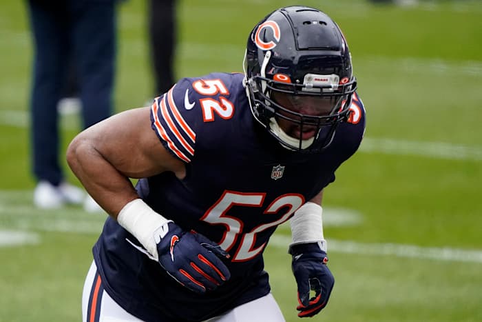 Dec 6, 2020; Chicago, Illinois, USA; Chicago Bears outside linebacker Khalil Mack (52) practices before the game against the Detroit Lions at Soldier Field. Mandatory Credit: Mike Dinovo-USA TODAY Sports
